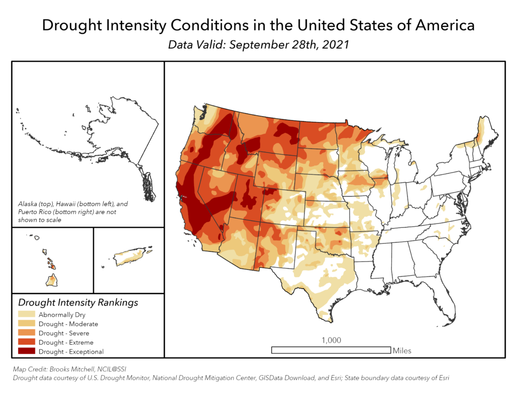 Map of current drought levels in the United States of America, as of September 28th, 2021