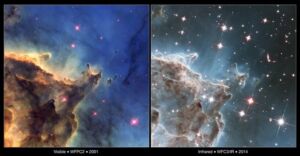 A photo of a nebula in visible light shows details of the dark clouds, next to another photo of the same nebula in infrared light showing stars inside the clouds.